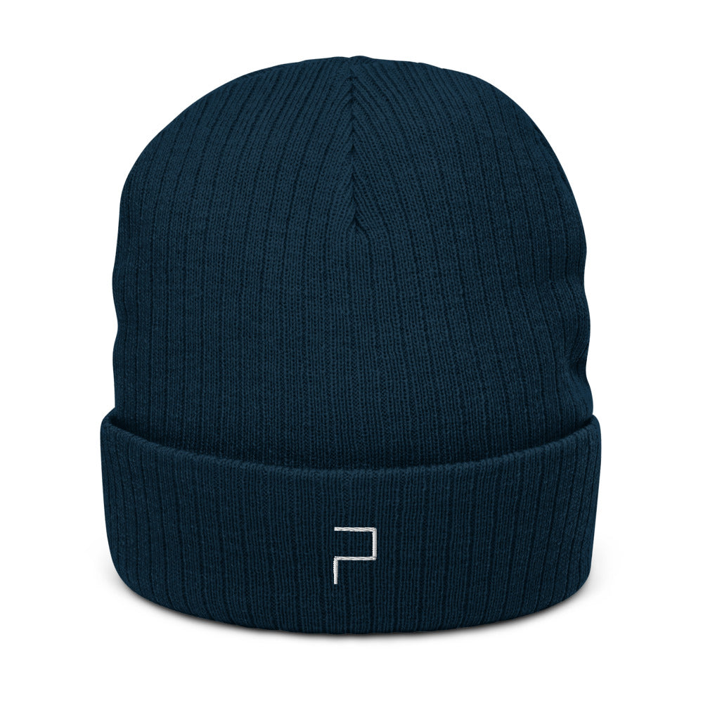 Navy Recycled Cuffed Beanie with P Blue Embroidery by P Blue