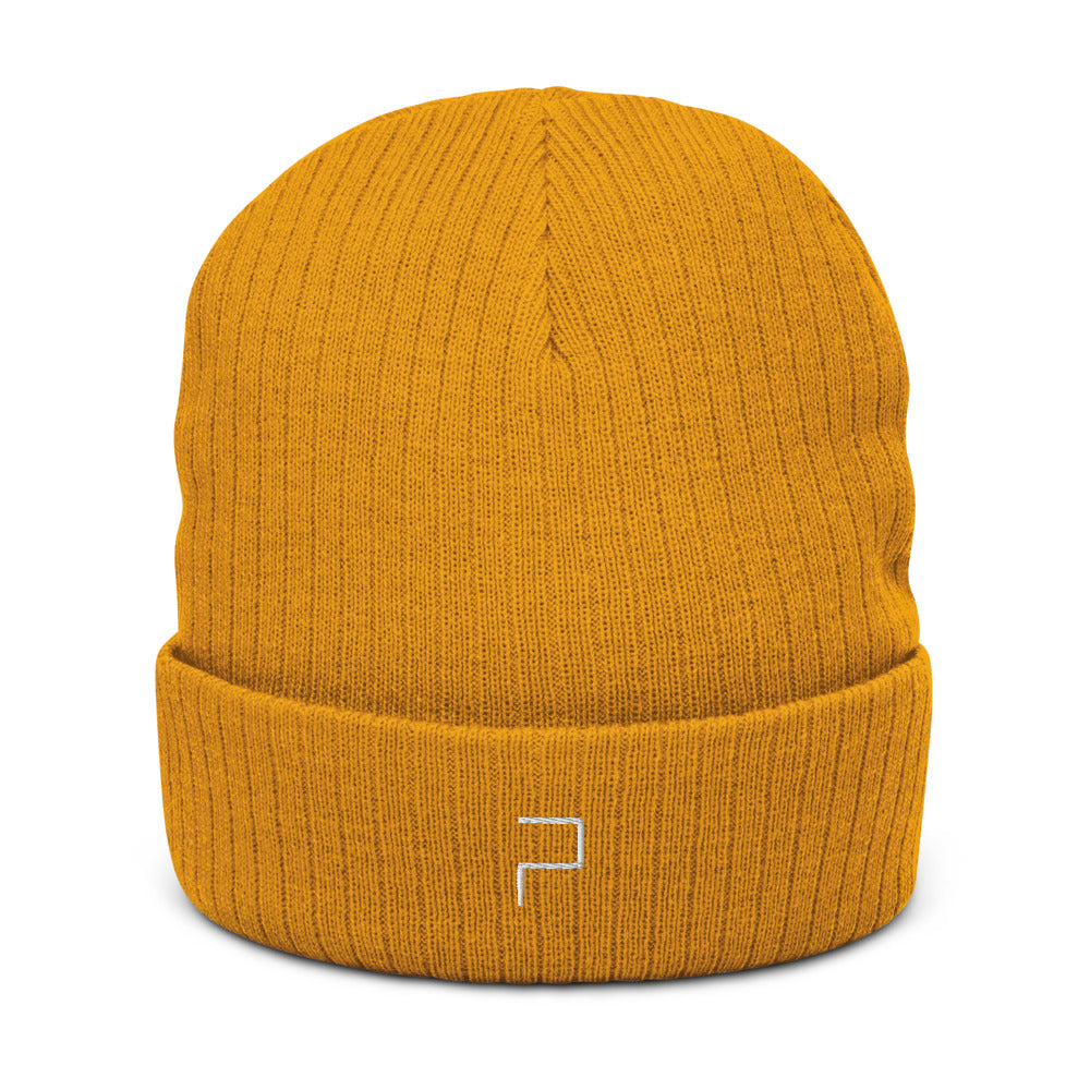 Mustard Recycled Cuffed Beanie with P Blue Embroidery