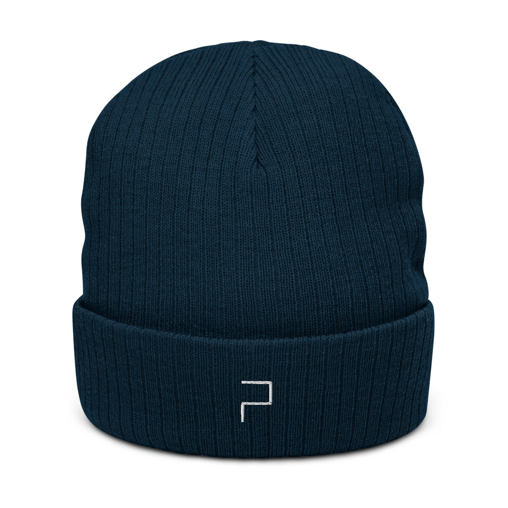 Navy Recycled Cuffed Beanie with P Blue Embroidery