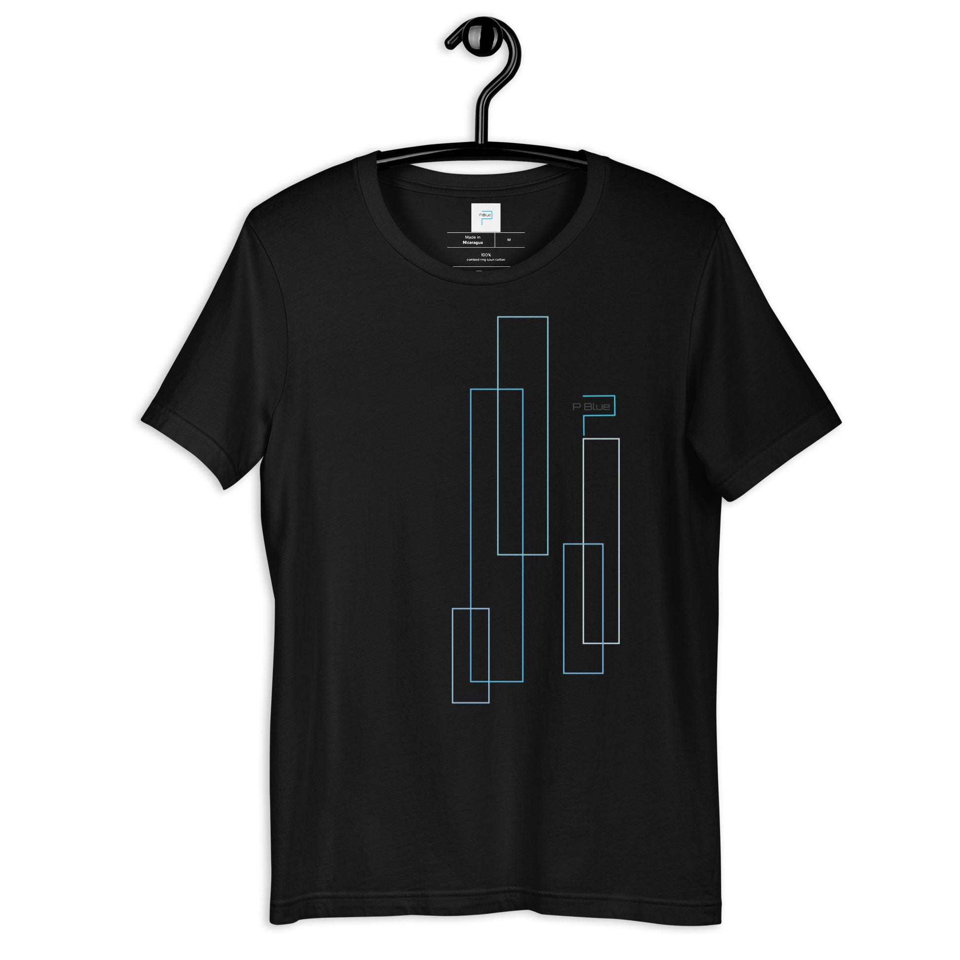 Black Soft Cotton T-Shirt with P Blue Rectangles Print