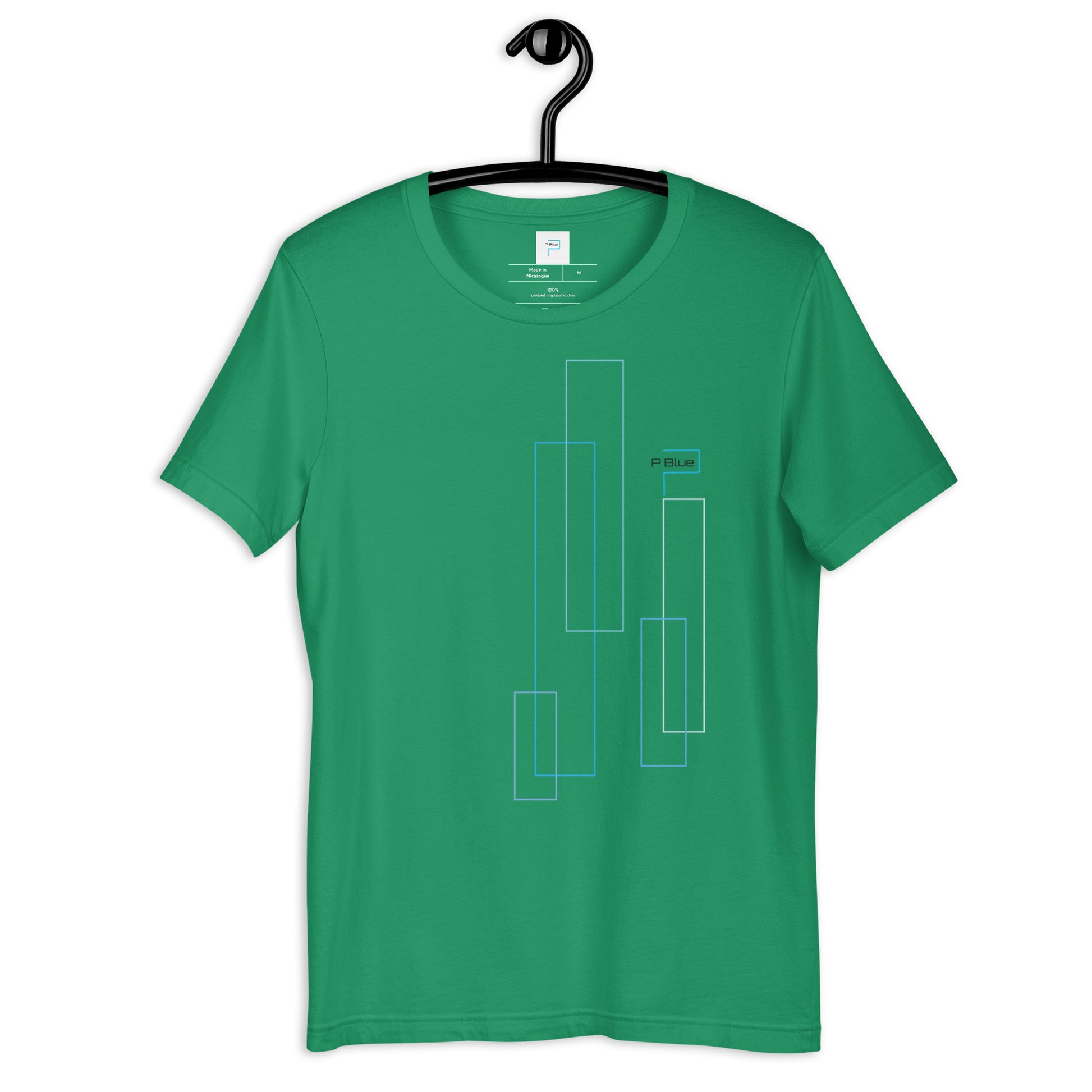 Green Soft Cotton T-Shirt with P Blue Rectangles Print