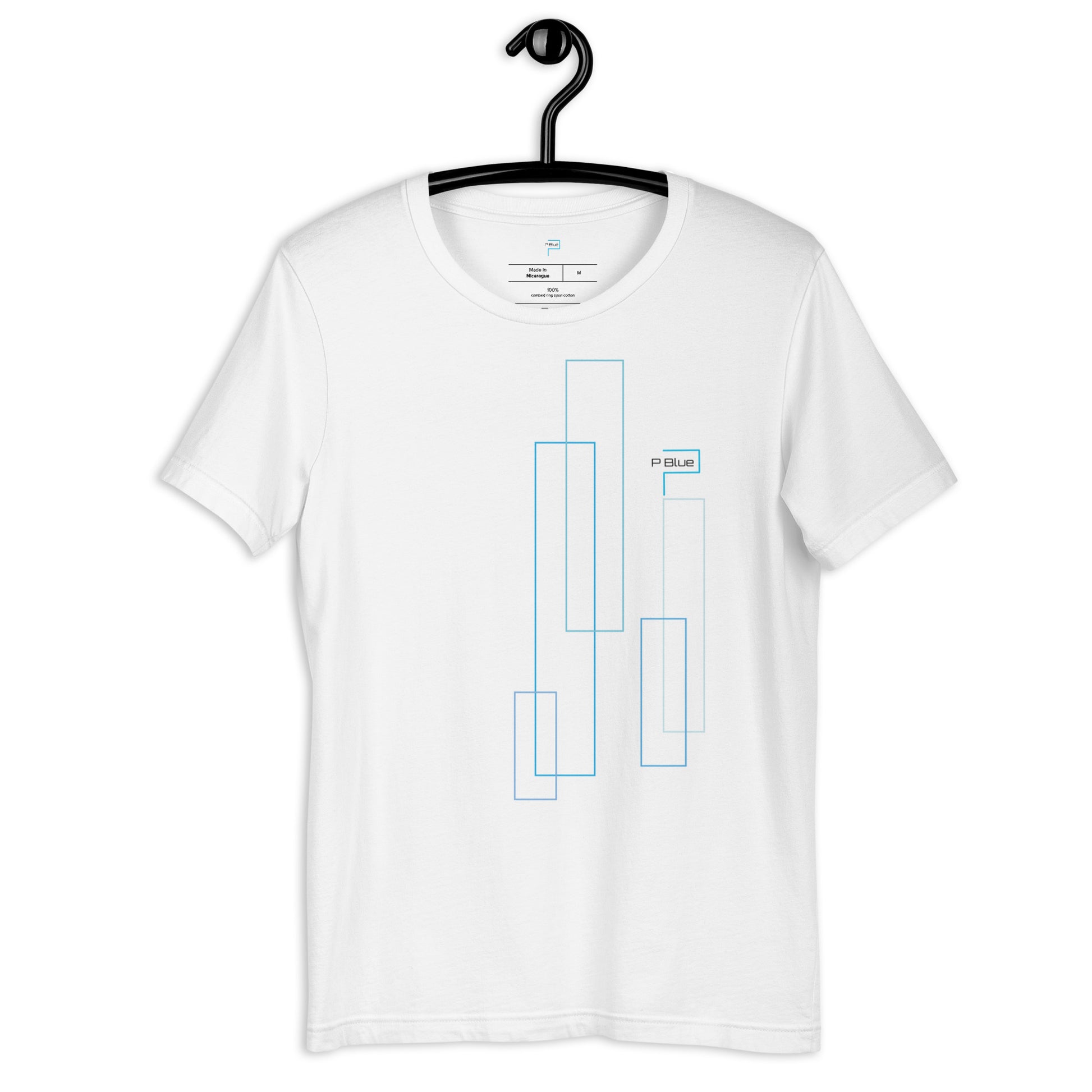 White Soft Cotton T-Shirt with P Blue Rectangles Print